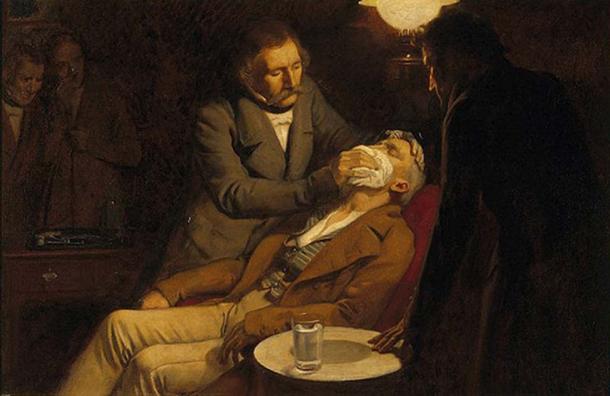 Illustrates the first use of ether as an anesthetic in 1846 by the dental surgeon W.T.G. Morton. (catalogue.wellcome.ac.uk / Public Domain)