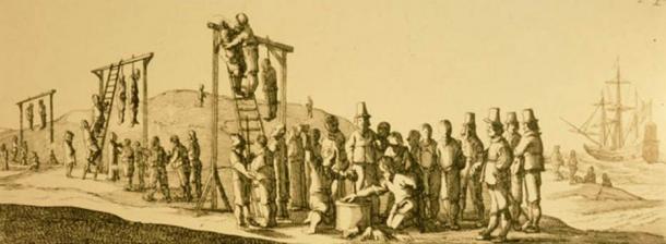 Illustration from 1649 edition of Ongeluckige Voyagie showing mutineers losing their hands and being hanged.