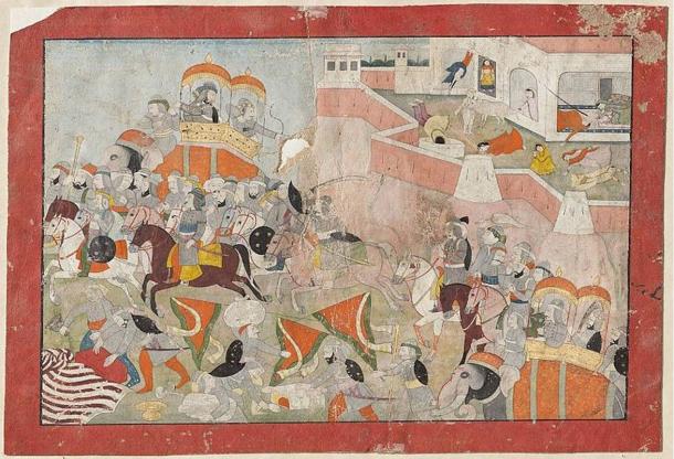 Illustration of Alauddin Khilji in the foreground, as the women commit suicide in the background. (1825) 