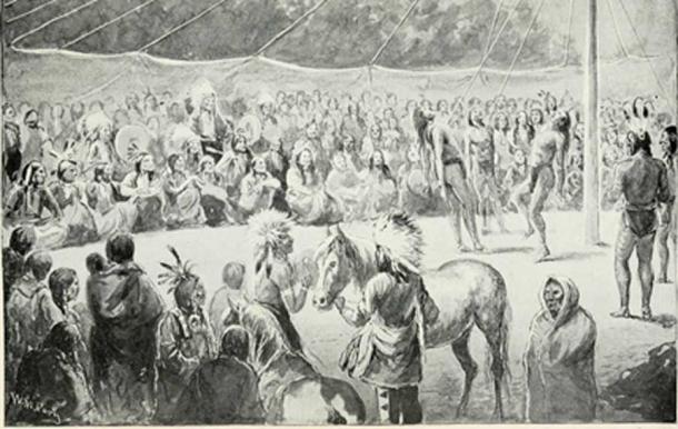 Illustration of Native American Sun Dancers strung with ropes to a pole in an endurance ritual (Public Domain)