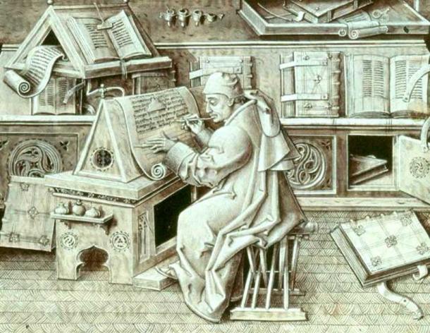Illustration of a European scribe, Jean Miélot, at work.