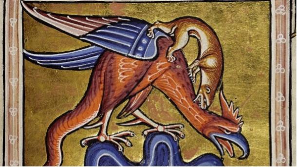 Illustration of a basilisk being attacked in a bestiary.