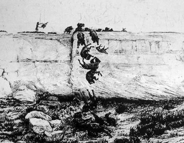 Illustration of a buffalo jump (Public Domain)
