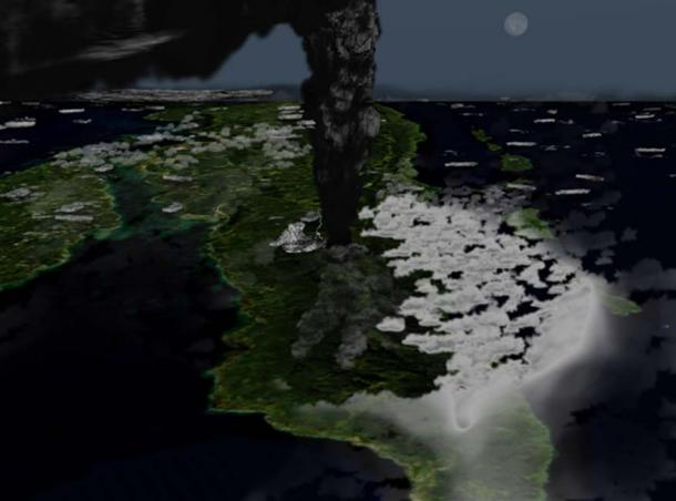 Illustration of what the Toba eruption might have looked like around 42 km (26.1 miles) above northern Sumatra. (Anynobody/CC BY SA 4.0)