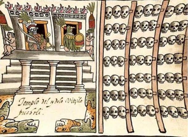 Illustration showing an Aztec skull rack. Códice Ramírez. 