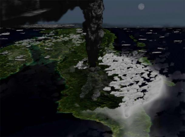 Illustration of what the Toba eruption might have looked like around 42 km above northern Sumatra. (anynobody/ CC BY-SA 4.0)