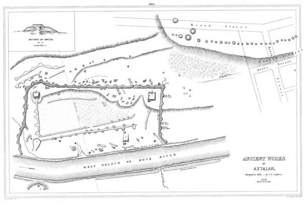 Illustration of Aztalan site as surveyed in 1850 by I. A. Lapham. (Public domain)