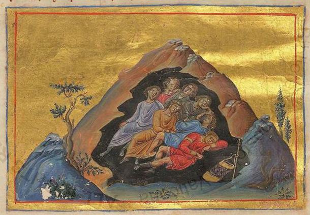 Illustration from the Menologion of Basil II of the Seven Sleepers, a medieval legend about a group of youths who hid in a cave to escape persecution and emerged over 300 years later. (Public domain)
