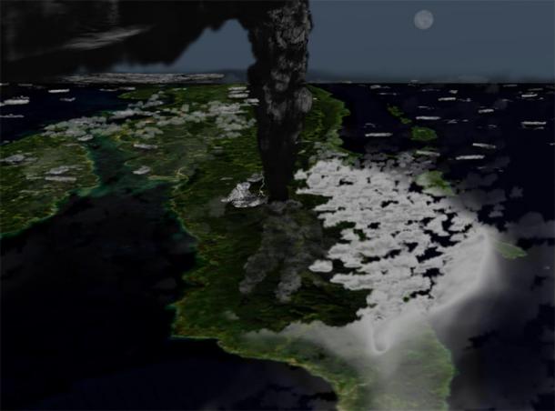 Illustration of what the Toba eruption might have looked like around 42 km (26.10 miles) above northern Sumatra. (Anynobody/CC BY SA 4.0)