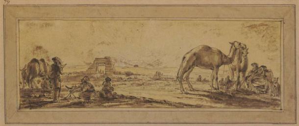 Illustration depicting the ruins of ancient Nekhen / Hierakonpolis from 1802. (British Museum)