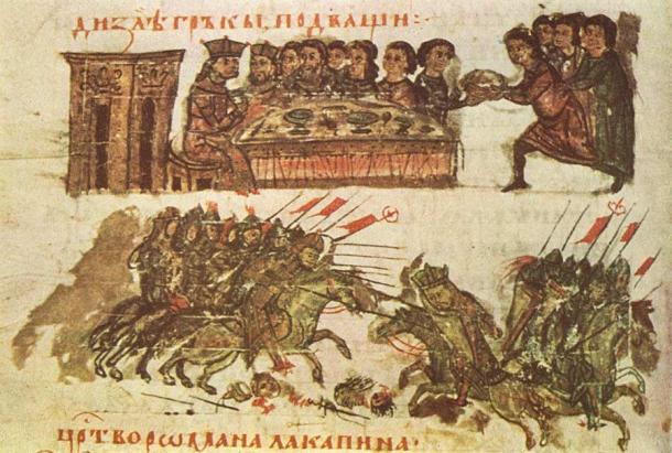 Illustration from the Manasses Chronicle depicting (above) a feast in Constantinople in honor of Simeon I and (below) a Bulgarian attack on the Byzantines, during the Byzantine-Bulgarian Wars. (Public domain)