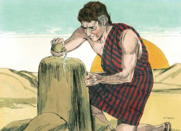 Illustration of Jacob pouring oil on a stone (Distant Shores Media / Sweet Publishing / CC BY SA 3.0)
