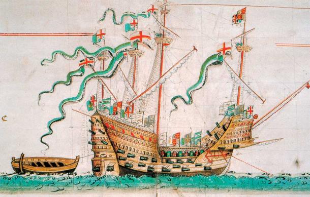 Ilustración del buque de guerra Mary Rose que perteneció al rey Enrique VIII de Inglaterra cuyos restos fueron descubiertos en 1982 después de hundirse durante la batalla en 1545 AD. (Dominio publico)
