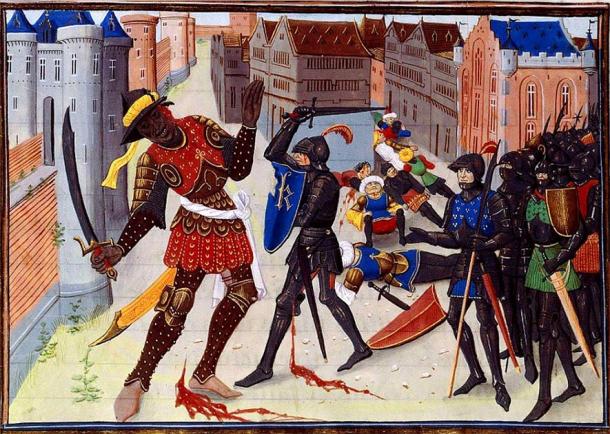Illustration by David Aubert, Maugis fighting the Saracens in Aigremont, 15th century (Public Domain)
