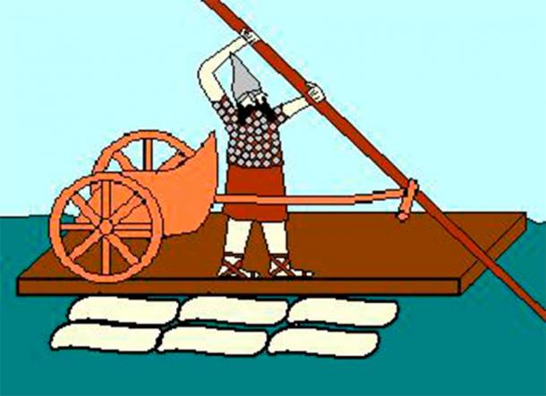 Illustration of an Assyrian using inflated sheep skins to transport chariots across the Euphrates (or Tigris) (Public Domain)