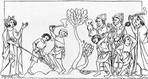 Line illustration of a Saint's bones unearthed. (Wellcome Images/CC BY 4.0) The cult of saints was popular in Britain in the 5th and 6th centuries.