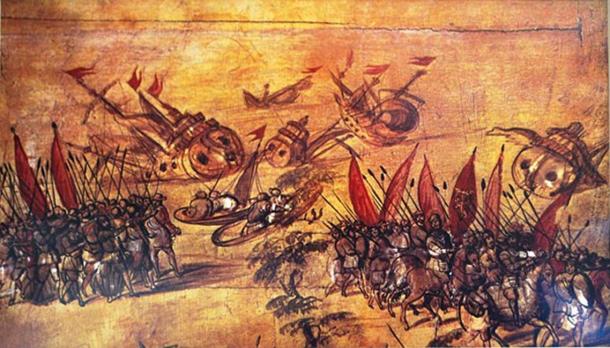Image attributed to Miguel Gonzalez of Hernan Cortes scuttling his fleet off the Veracruz coast. On display at the Naval History Museum in Mexico City. (CC BY-SA 4.0)