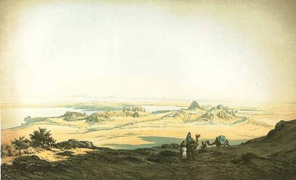 Image from the mid 1800s showing the desert forts of Semna & Kumma from the west.