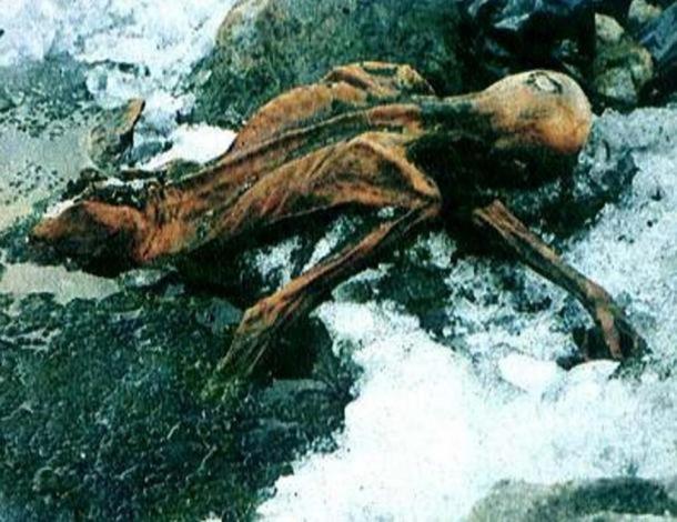 Image of Ötzi the Iceman in a glacier.
