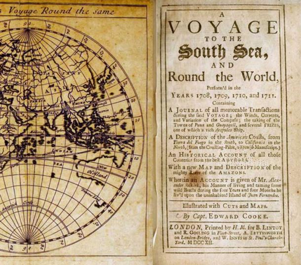 Image of slipcover from book printed in 1712: A Voyage to the South Sea, and Round the World Perform'd in the Years 1708, 1709, 1710, and 1711, by Edward Cooke of a trip on two ships, the Duke and Dutchess of Bristol, commanded by Woodes Rogers (public domain)