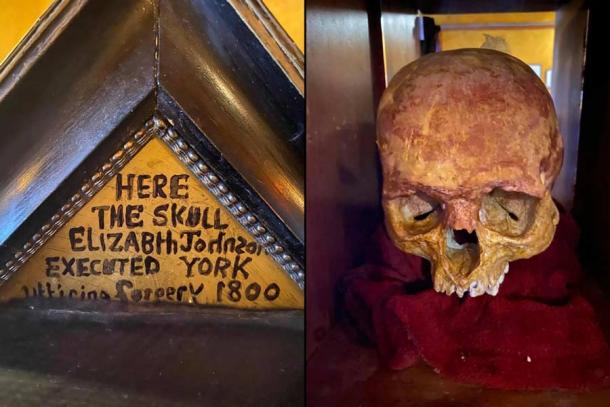 Imágenes de la réplica del cráneo robada antes de que fuera robada del pub embrujado. (El Toisón de Oro)