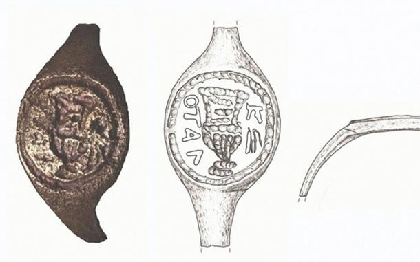 Imaging and associated sketches of sealing ring that is thought have belonged to Pontius Pilate (Drawing: J. Rodman; Photo: C. Amit, IAA Photographic Department, via Hebrew University)