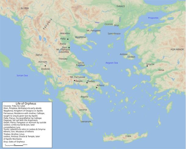 Important sites in the life and travels of Orpheus