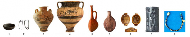 Imported goods from Sardinia (1), Italy (2), Crete (3), Greece (4), Türkiye (5), Israel (6), Egypt (7), Iraq (8), necklace with beads and a scarab (Ramesses II) from Egypt, Afghanistan and India (9) have all been found in Hala Sultan Tekke. (University of Gothenburg / CC BY 4.0)