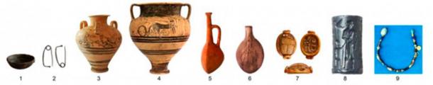 Imported goods from Sardinia (1), Italy (2), Crete (3), Greece (4), Türkiye (5), Israel (6), Egypt (7), Iraq (8), necklace with beads and a scarab (Ramesses II) from Egypt, Afghanistan and India (9) have all been found in Hala Sultan Tekke. (University of Gothenburg / CC BY 4.0)