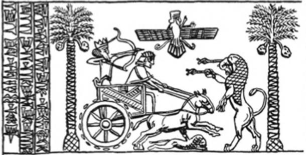 Impression of a cylinder seal of King Darius the Great hunting in a chariot, reading 