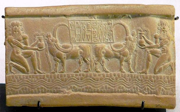 Impression of a cylinder seal from the time of Akkadian King Sharkalisharri, with the inscription “The Divine Sharkalisharri Prince of Akkad Ibni-Sharrum the Scribe his servant.” (Mbzt 2011 / CC BY 3.0)