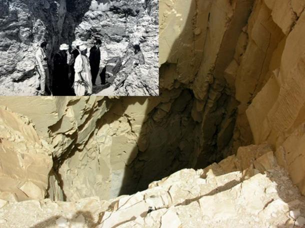 In 1881, this plain-looking shaft in Deir el-Bahari led Émile Brugsch to DB320 where the most extraordinary cache of royal mummies lay concealed for millennia. (Inset) Brugsch is in the center overseeing the removal of the contents, while Sir Gaston Maspero (seated) looks on. (Images: Keith Hazell/CC BY 3.0 and Wikimedia Commons)