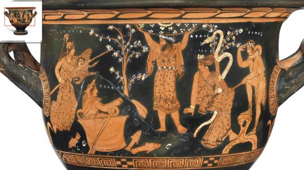 In the center, Atlas pushes away the heavens, and with them the God of the heavens, preferring the “wisdom” of the ancient serpent. A seated Hesperid is there to tend to the serpent and its apple tree. An armed Athena approaches from our left. Hermes, far right, appears to be standing on a rock. Herakles appears in “the bowl of the sun” figuratively having returned to the ancient paradise with the other “gods” through the Flood, as the fish and waves indicate. (Author provided).