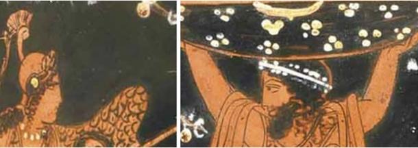 In these close-ups, a stern-looking Naamah/Athena, fresh from her victory over the line of Seth, and wearing her war helmet and carrying her spear, reports the triumph to her Cainite father, Lamech/Atlas, as he smiles back with pride and pleasure at his daughter’s great achievement. (Author provided).