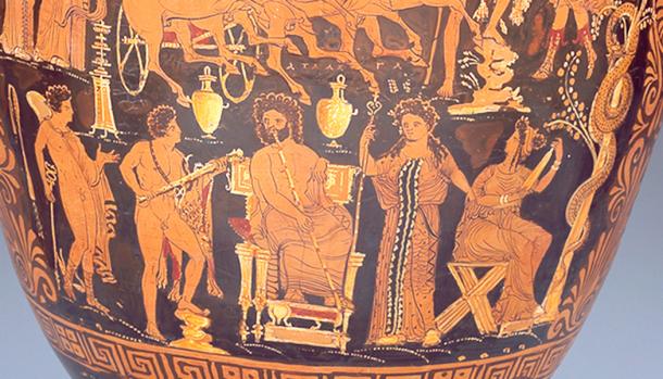 In this scene from about 430 BC, Lamech/Atlas sits enthroned with his scepter, as king of the Cainites in the pre-Flood world. His name appears above his head. Gaia, or Earth, stands to our right of him, showing that he rules the entire earth. Atlantis and the Atlantic Ocean are named for him. (Author provided).