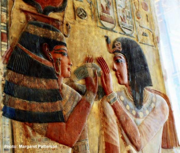 In this stunning relief, originally from the tomb of Seti I, the goddess Hathor is shown welcoming the king into the underworld by offering her menat necklace as a symbol of her protection. Louvre Museum, Paris. 