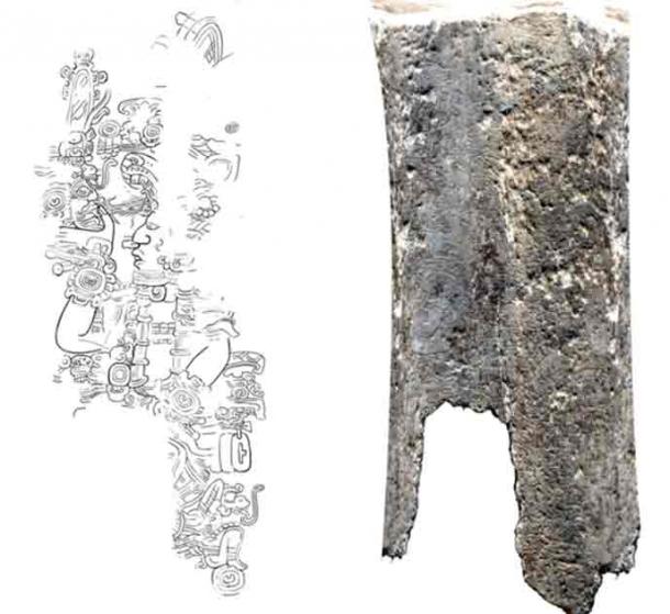 Hueso de fémur cortado junto a un dibujo de Alexandre Tokovinine del Proyecto Arqueológico Holmul de la Universidad de Tulane.  (Cortesía de la Universidad de Tulane)