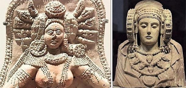 The Indian goddess artifact from Chandraketugarh (left) and Lady of Elche artifact (right). (Provided by the author)
