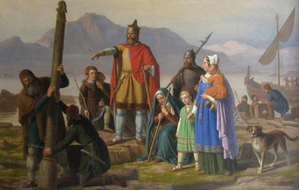 ‘Ingolf tager Island i besiddelse’ by P. Raadsig, 1850, depicting Ingólfr Arnarson, the first settler of Iceland, newly arrived in Reykjavík.