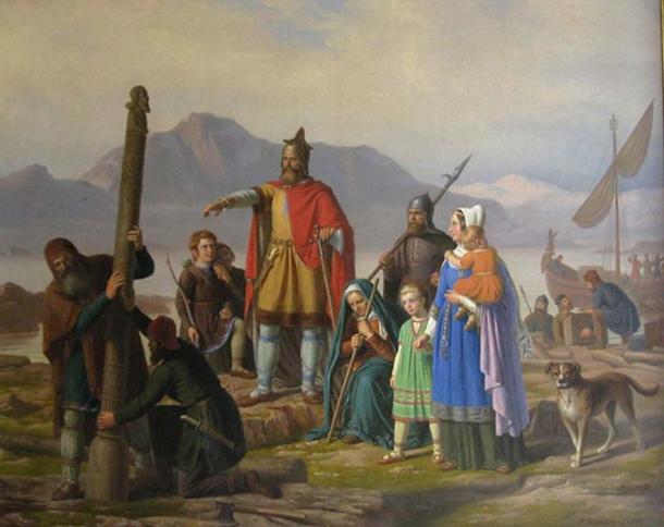 A painting depicting Ingólfr Arnarson, the first settler of Iceland, newly arrived in Reykjavík