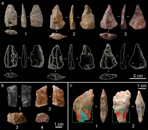 Shiyu Initial Upper Palaeolithic Artifacts. a) Levallois points (1–3); b) other tool types including denticulate on blade (1, 2), denticulate on flake (3), and end scraper (4); c) tanged tools showing the locations of notched retouching (red) and thinning of the tangs (light blue). (IVPP/Nature)