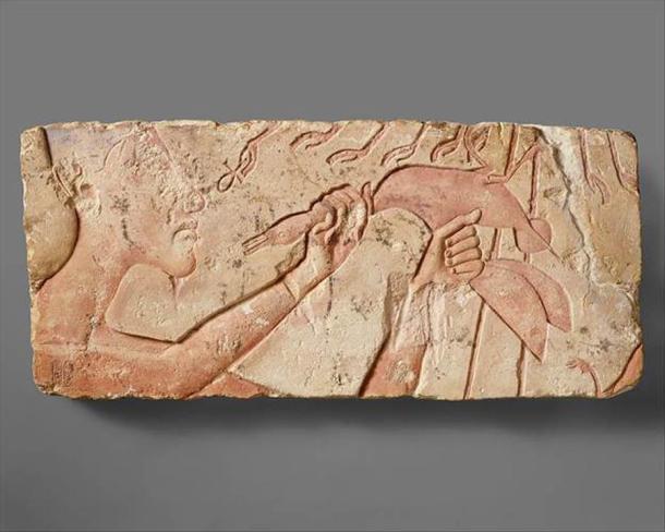 Inscription on limestone talatat block showing Akhenaten offering a duck before the rays of the Aten; now in the MET, Ascension #: 1985.328.2. Please see this site for further images depicting how this scene would have originally appeared. (Met Museum)
