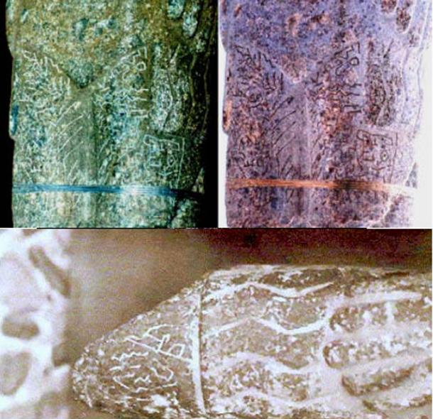 Inscriptions on the Pokotia monolith’s legs (top) and hand (bottom). (Author provided)