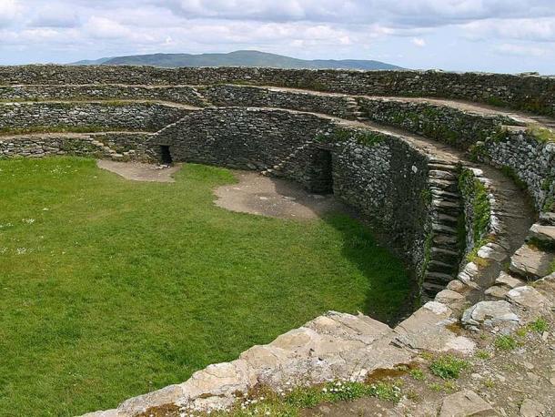 Interior view of tiered wall and steps of Grianan of Aileach, Donegal, Ireland