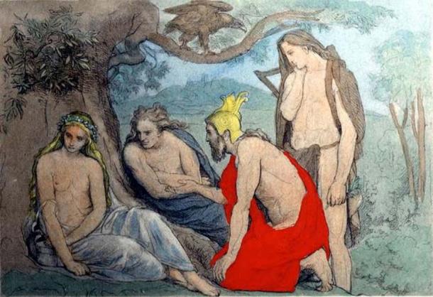 From left to right: Iðunn, Loki, Heimdallr and Bragi. Illustration of a scene from the poem Hrafnagaldr Óðins. (Public Domain)