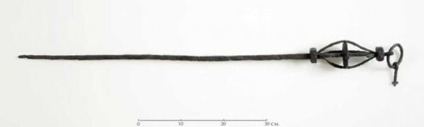 Iron staff dating back to the Viking Age found in a grave in Luster in Sogn og Fjordane, Western Norway. This type of staff is found in female graves that also have contained hallucinogens. 