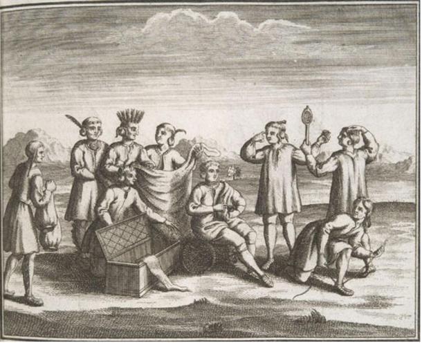 Iroquois Native Americans engaging in trade with Europeans, 1722.
