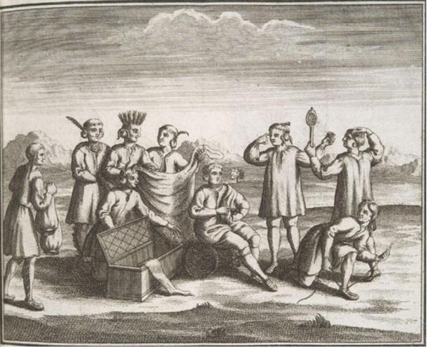 Iroquois nativi americani impegnati nel commercio con gli Europei, 1722.