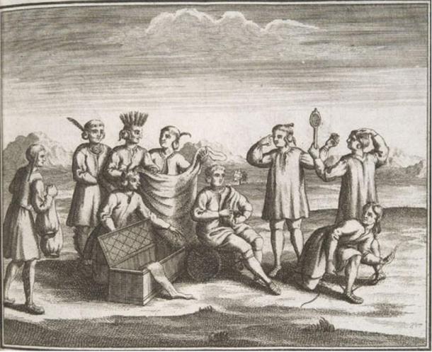 Iroquois engaging in trade with Europeans, 1722