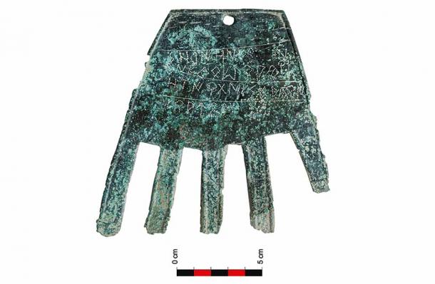 The Bronze hand of Irulegi and its Vasconic script inscription. (Aiestaran, M. et. al / Antiquity Publications Ltd)
